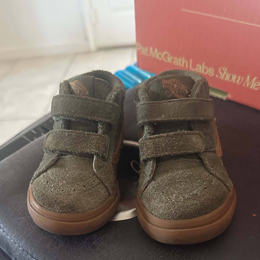 Vans Olive Green Suede Kids Velcro Sneakers